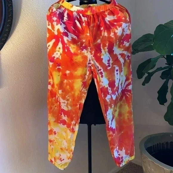 SHEIN Women’s Bridge Orange Tie Dyed Satin-Feel Joggers Workout Track Pants - Picture 2 of 11